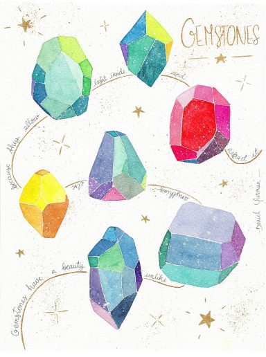 illustration aquarelle pierres précieuses multicolore et citation