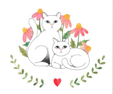 illustration aquarelle de deux chats avec fleurs et feuillage aquarelle